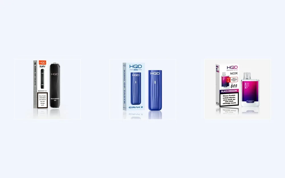 HQD Vape Sortiment mit Surv, Cirak 2 und Nook auf hellem Hintergrund